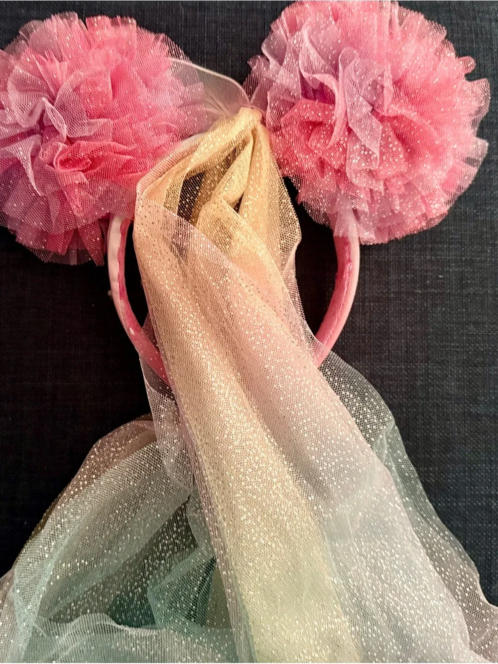 Disney Pink Pom Pom Minnie Ears Butterfky Headband with Iridescent Veil